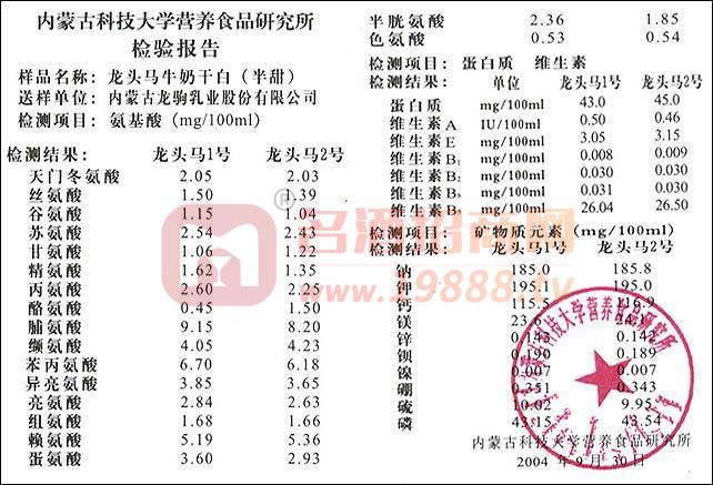 牛奶干白檢驗報告